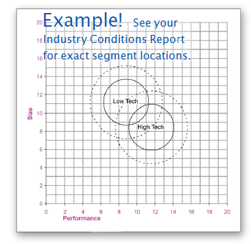 Segment Positions at the End of Year 8: The segments have moved to a higher performance and smaller size; very little overlap remains.